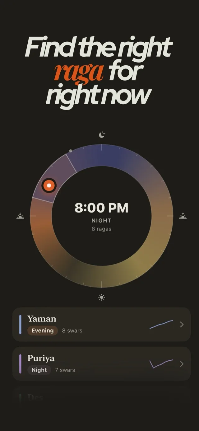 A circular time dial reading 8:00 PM, night, six ragas, with Yaman marked evening at eight swars and Puriya marked night at seven swars listed below it