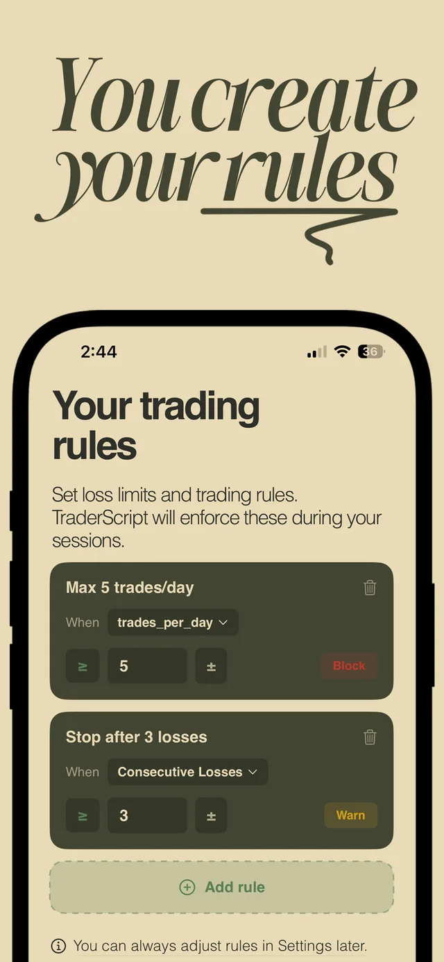 Rule editor showing two rules — maximum five trades a day set to Block, and stop after three consecutive losses set to Warn — above an Add rule button