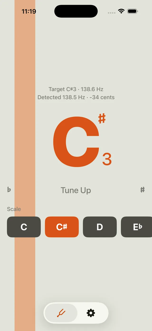 Tuner screen showing a target of C#3 at 138.6 Hz against a detected 138.5 Hz, 34 cents flat, with scale presets C, C sharp, D and E flat along the bottom