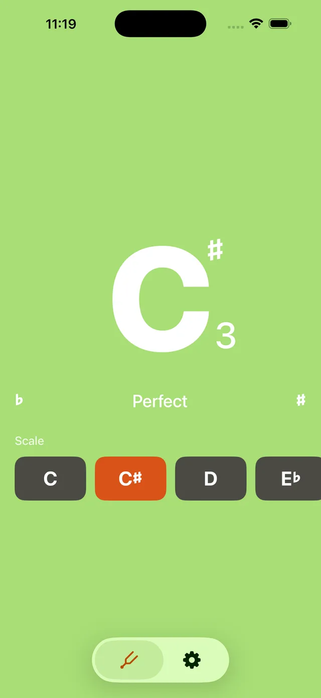 The same tuner screen filled entirely green and reading Perfect, with the pitch locked on C#3